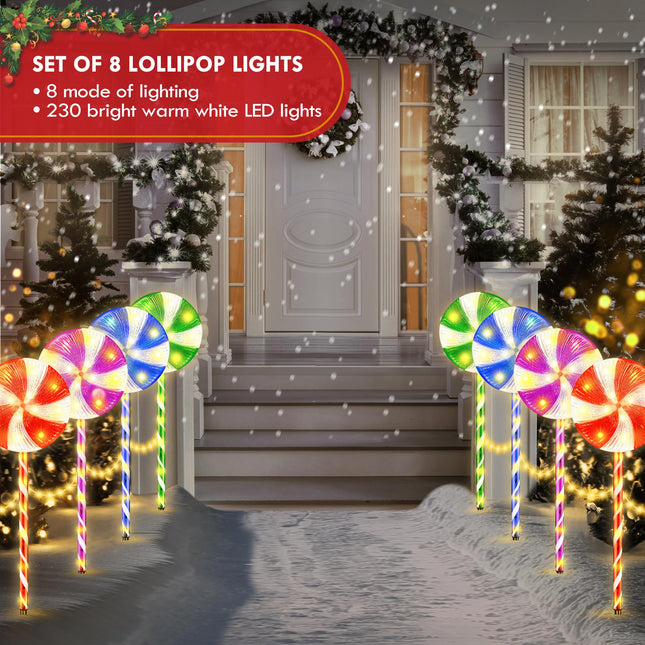8PK 28inch 230LED 8 Modes Christmas Lollipop Pathway Light Outdoor Christmas Decorations Flickering Outdoor Christmas Pathway Light 24ft (Colorful)
