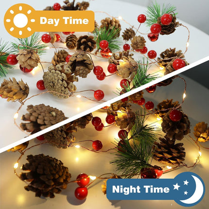 Christmas Garland with Lights, 6.6FT Pinecones Christmas String Lights with Red Berries, Bells & Needles, 20 LED Battery Operated Prelit Garland for Indoor/Outdoor Christmas Decorations (Warm White)