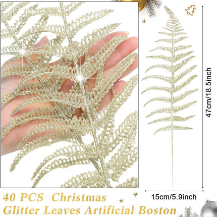 Yunsailing 20 Pcs Christmas Glitter Leaves Artificial Flashing Leaves Tropical Leaf Wedding Pick Flower Arrangement Wreaths DIY Hanging Ornament for Wedding Party Decoration(Champagne Gold, 20 Pcs)
