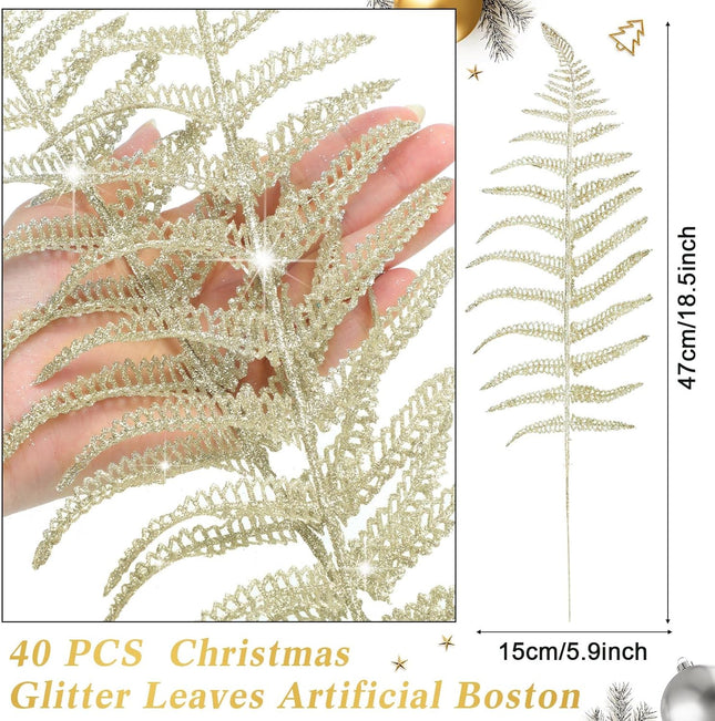 Yunsailing 20 Pcs Christmas Glitter Leaves Artificial Flashing Leaves Tropical Leaf Wedding Pick Flower Arrangement Wreaths DIY Hanging Ornament for Wedding Party Decoration(Champagne Gold, 20 Pcs)