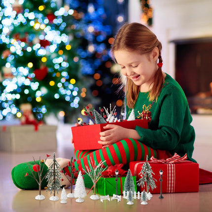 Haooryx 24pcs Mini Artificial Christmas Village Tree Accessories Miniature Pine Trees Park Bench Seat Snow Frost Trees Set Farmhouse Xmas Scene Figurines Decor Xmas Diy Crafts Village Collections