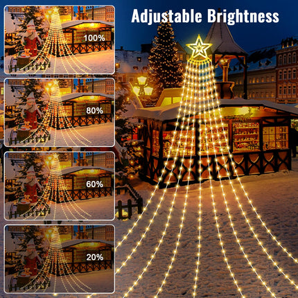 HELESIN Solar Outdoor Christmas Decorations Lights, 350LED Christmas Star Tree Light wth Remote Control, 8 Modes Waterfall Lights USB Charge for Holiday Xmas Tree Patio Yard Decor, Warm White