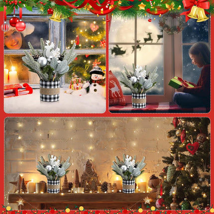 2 Pcs Christmas Table Centerpiece Buffalo Check Plaid Christmas Table Tree Mini Tabletop Artificial Decorations Small Christmas Centerpiece for Winter Home(Black and White)