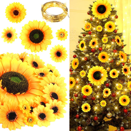 Crowye 124 Pcs Christmas Sunflower Tree Ornaments Yellow Sunflower Christmas Decorations Big Artificial Sunflowers Tree Topper Mini Sunflower Ornaments Bulk with 2 String Lights for Christmas Tree