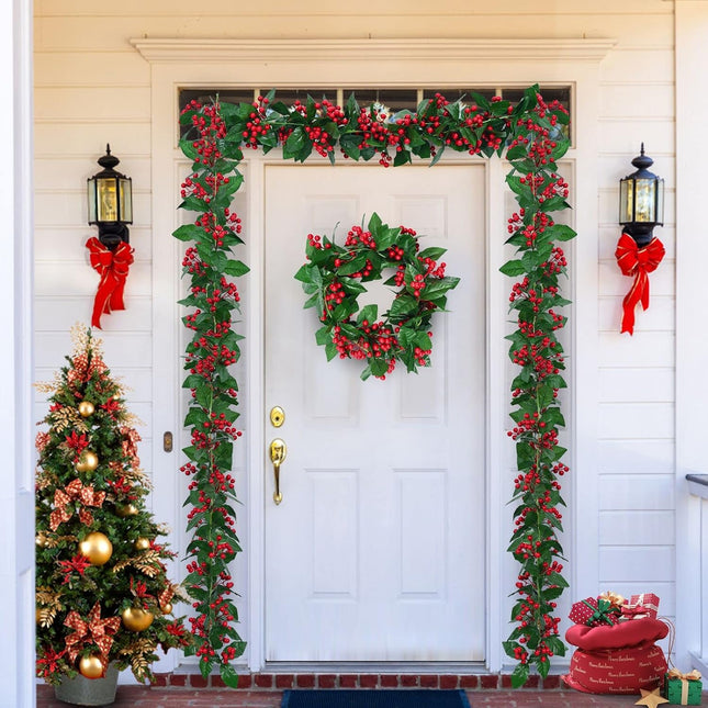 MARTINE MALL Christmas Garland with Red Berry, Artificial Red Berry Greenery Garland, 5.7 FT Red Berries Holly Leaves Christmas Hanging Garlands for Door Garden Stairway Fireplace Christmas Tree Decor