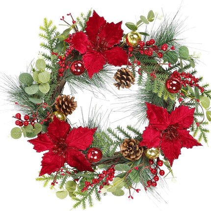 SHACOS 20 inch Artificial Christmas Wreath with Poinsettia Decorated with Green Eucalyptus Pine Cones Red Berries Christmas Balls Pine Needle, Xmas Wreaths for Indoor Outdoor Festival Home Decor