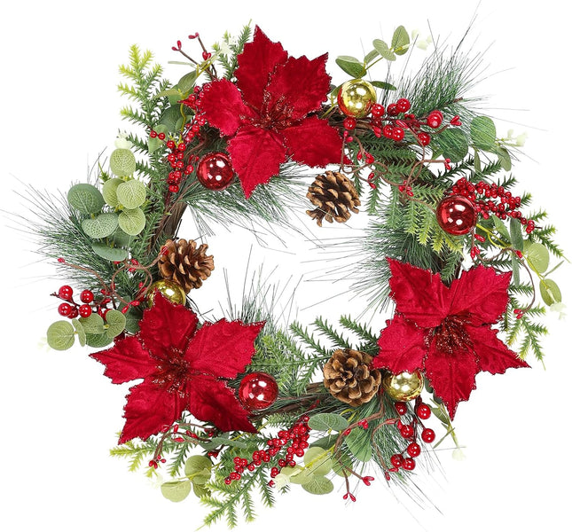 SHACOS 20 inch Artificial Christmas Wreath with Poinsettia Decorated with Green Eucalyptus Pine Cones Red Berries Christmas Balls Pine Needle, Xmas Wreaths for Indoor Outdoor Festival Home Decor