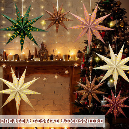 5 Set Christmas 3D Paper Star Lantern 9 Pointed Hanging Star Paper Lantern 24 Inch Hollow Star Paper Lantern Lampshade for Xmas Wedding Birthday Party Decor(Brown, Green, Beige, Red)
