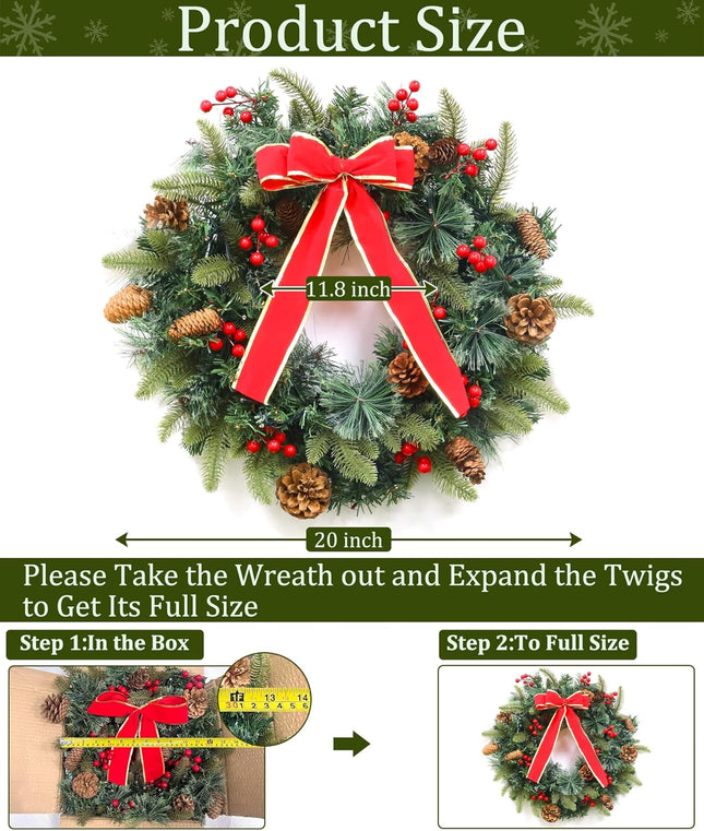 20 Inch Christmas Wreaths for Front Door, Prelit Christmas Wreath with Pinecones Berried Red Bow 50 Warm White & Colorful Lights 8 Modes Timer Norfolk Pine Wreath Xmas Wreath Decorations for Door Wall