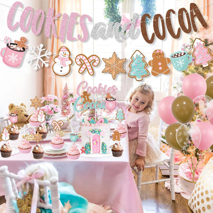 Cookies and Cocoa Party Decorations, Pink Cookies and Cocoa Banner Christmas Gingerbread Man Banner Cake Topper Balloons for Christmas Hot Cocoa Bar Supplies Christmas Birthday Party Decorations