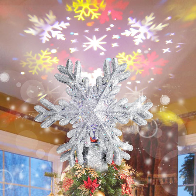 Christmas Tree Topper Lighted with Silver Snowflake Projector, Led Rotating Magic Snowflake, 3D Hollow Glitter Lighted Silver Snow Tree Topper for Christmas Tree Decorations