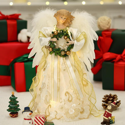 Angel Christmas Tree Topper, 14" Gold Angel Treetopper, 10Led Angel Tree Topper with Wings, Indoor Christmas Decors, Home Ornaments (Gold-Garland)