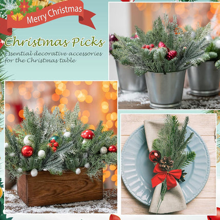 Lyrow 80 Pcs Christmas Artificial Pine 4 Styles Snowy Artificial Pine Branches Faux Leaves Needle Plastic Pine Fake Greenery Pick Greenery Christmas Tree for DIY Christmas Wreaths Home Decoration