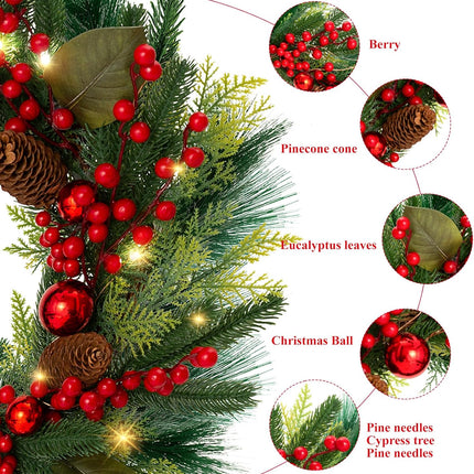 MACTING 20inch Christmas Wreaths for Front Door,8 Lighting Mode Artificial Wreath with Lights Battery Operated Indoor Outdoor Winter Christmas Wreaths with Red Berries Pine Cones and Ball Ornaments