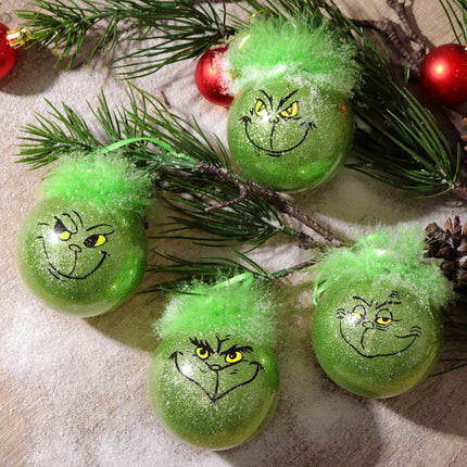 Large Christmas Decorations Indoor: 12 Pack Cute Green Elf Christmas Tree Ornaments with Fuzzy Hair, Glitter Hanging Thief Monster Xmas Balls for Tree Fireplace, Kids Home School Office Party Décor