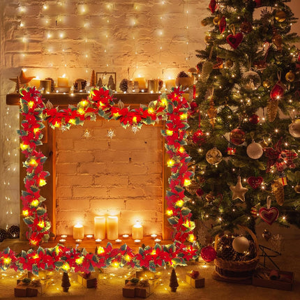 Christmas Poinsettia Garland,6 FT Lighted up Artificial Garlands with Red Flowers,6H/18H Timer Battery Operated Christmas Staircase Garland,Xmas Year Home Decor