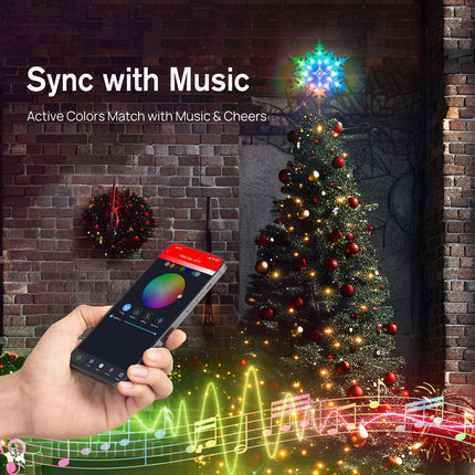 10” Smart Christmas Snowflake Tree Topper, 20 RGB LED Lights, 16 Mil. Colors Changing, Music Sync, Timer, Xmas Treetop Decorations