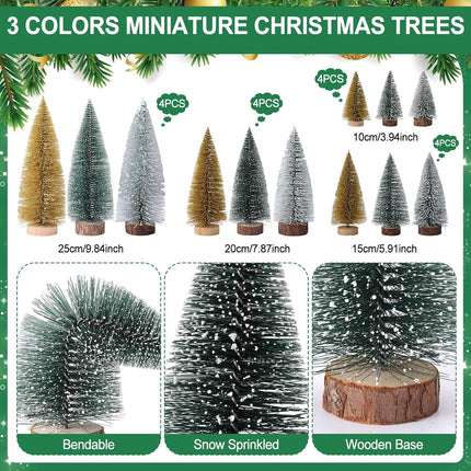 Meooeck 12 Pcs Mini Christmas Trees 4 Sizes 4/6/8/10 Inch Bottle Brush Christmas Trees Artificial Christmas Tree with Wood Base Winter Snow Fake Pine Tree Decor for Home (Green, Gold, White)