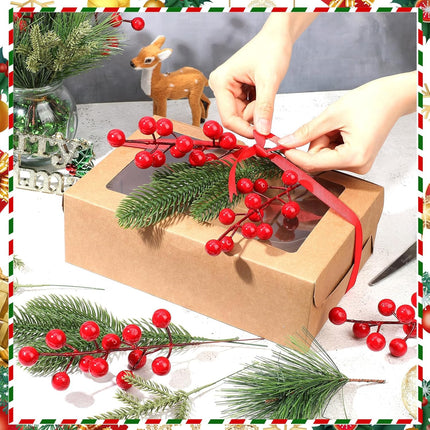 400 Pcs Artificial Pine Needles Branches and Artificial Red Berry Stems Fake Greenery Pine Picks Christmas Red Berry Picks Holly Berries Branches Christmas Fake Tree Branches for DIY Garland Wreath