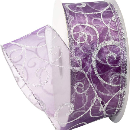 Morex Ribbon 7416.60/50-610 Swirl 2.5" X 50 YD Nylon Sheer Curling Wired Glitter Ribbon, Purple/Silver, Holiday Ribbons for Crafts and Christmas Decorations, Indoor Christmas Ribbon for Wrapping