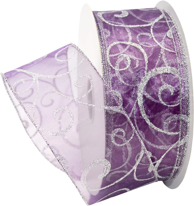 Morex Ribbon 7416.60/50-610 Swirl 2.5" X 50 YD Nylon Sheer Curling Wired Glitter Ribbon, Purple/Silver, Holiday Ribbons for Crafts and Christmas Decorations, Indoor Christmas Ribbon for Wrapping