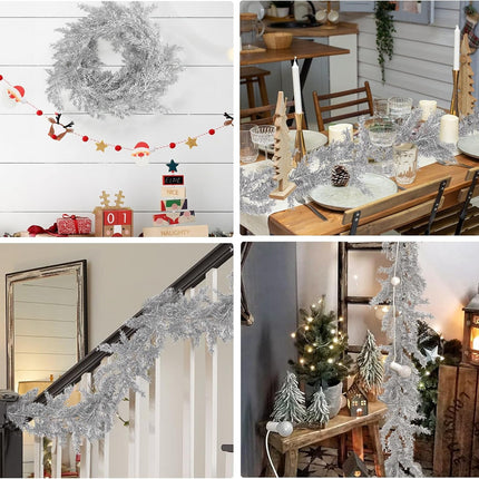 2Pcs Christmas Glitter Pine Garlands 5.9FT Artificial Hanging Silver Pine Needles Vines Fake Cedar Cypress Garland for Christmas Year Holiday Wedding Winter Home Wall Indoor Outdoor Decor(Silver)