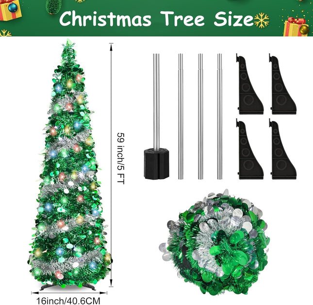 5FT Pop Up Christmas Tree Tinsel Christmas Tree with 8 Modes 90 Colorful Christmas Decorations Collapsible Christmas Tree for Indoor Home Holiday Christmas Party Decorations(Sliver/Green)