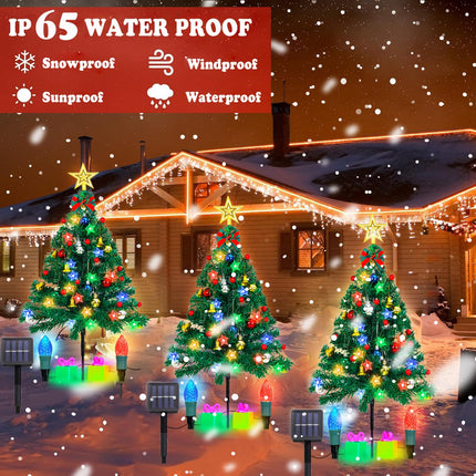 Solar Christmas Tree Lights,30inch Solar Christmas Path Lights with Star Topper,2 Pack Outdoor Christmas Tree Solar Garden Lights with Decors and Star for Garden Pathway Cemetery Decor