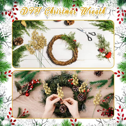 24 Pack Christmas Glitter Berries Stems, 11" Artificial Glitter Holly Berry Twig Ornaments, Glittery Picks Stems Branches for Christmas Tree Small Vase Holiday Party Decorations(Gold)
