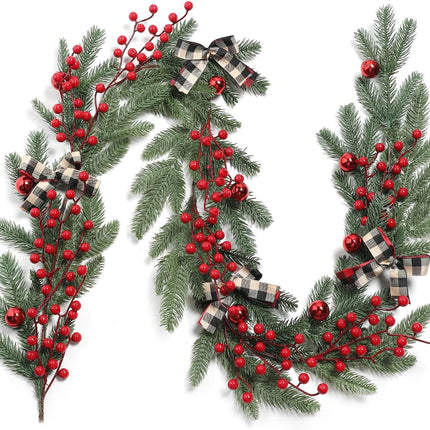 YYHUAWU 6FT Christmas Garland with Red Berries Bows Christmas Balls, Multi-Function Christmas Pine Needles Garland for Mantle Table Front Door Indoor Outdoor Christmas Holiday Decor