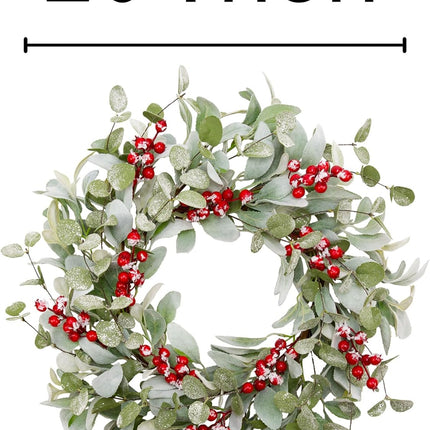 20 Inch Artificial Christmas Wreath Lambs Ear Leaves Door Wreath Winter Wreath with Artificial Snow Red Berries Christmas Decorations for Home Wall Window Decor