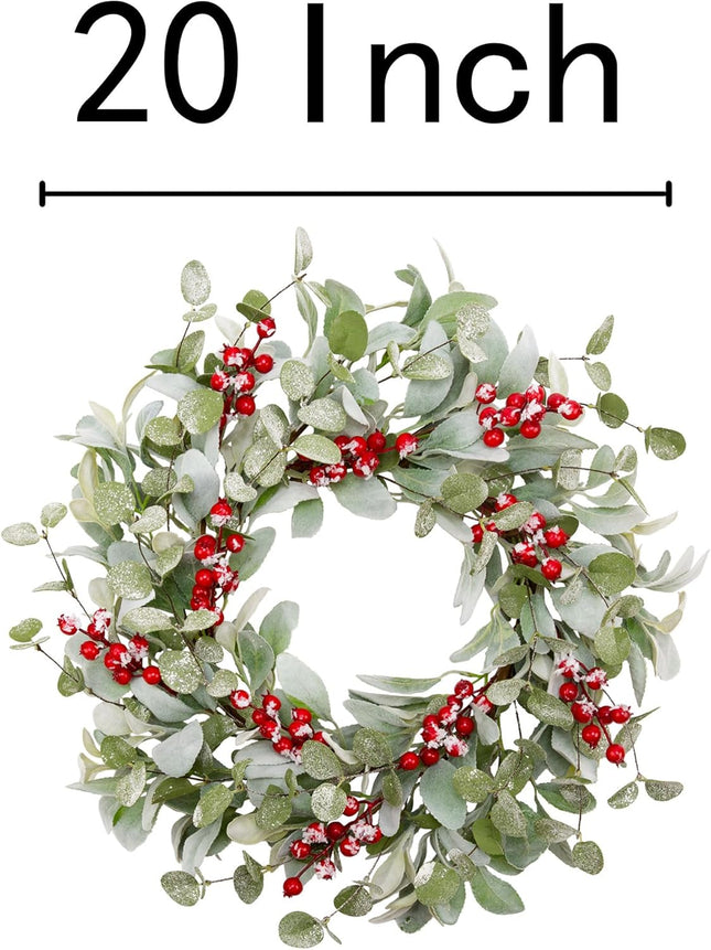 20 Inch Artificial Christmas Wreath Lambs Ear Leaves Door Wreath Winter Wreath with Artificial Snow Red Berries Christmas Decorations for Home Wall Window Decor