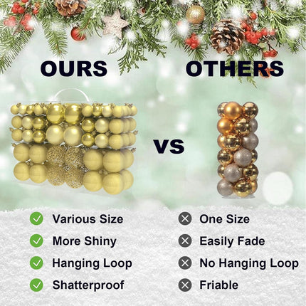 Christmas Ornaments Set, 100ct Gold Christmas Balls Decoration Set, Shatterproof Hanging Plastic Christmas Ball Ornament for Xmas Tree Holiday Decor