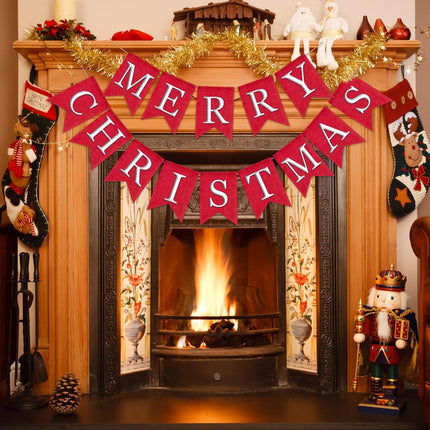 Whaline 2Pcs Christmas Burlap Banner Felt Merry Christmas Banner Red White Xmas Bunting Garland Pre-Assembled Celebration Hanging Decorations for Home Party Decoration