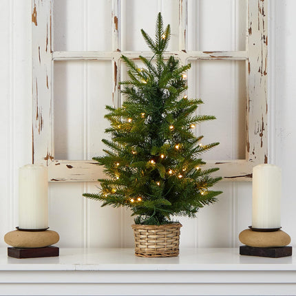 Nearly Natural 2ft. Artificial Christmas Tree with 35 Clear LED Lights in Decorative Basket