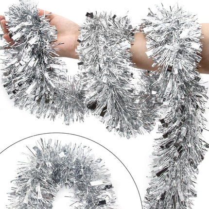 50FT Silver Christmas Tinsel Garland - Metallic Tinsel Twist Garland for Christmas Tree Decorations, Xmas Tree Decor Home Indoor Holiday Party Supplies