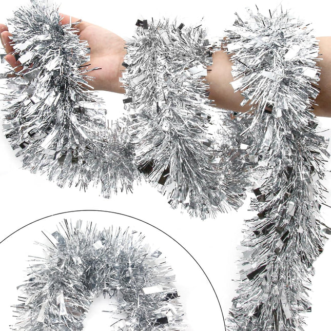 50FT Silver Christmas Tinsel Garland - Metallic Tinsel Twist Garland for Christmas Tree Decorations, Xmas Tree Decor Home Indoor Holiday Party Supplies