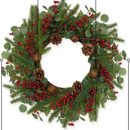 Artifical Christmas Door Wreath 22 Inches Christmas Wreaths for Front Door Rustic Winter Wreath with Evergreen Pine Needle Pinecone Red Berries for Wall Porch Window Holiday Indoor Outdoor
