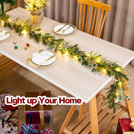 6.6 Ft Christmas Garland Prelit with 20 LED Lights, Battery Powered with Timer, Lighted Garland with White Berries for Mantle Stairs Wall, Indoor&Outdoor Pine Garlands for Christmas Decorations