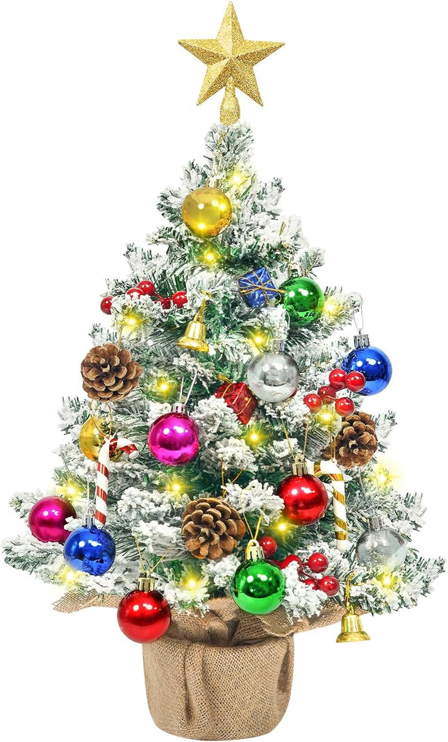 2FT Small Christmas Tree with Lights, Snowy Artificial Mini Christmas Tree, Table Top Christmas Tree Christmas Decorations Indoor Outdoor DIY for Home Decor Party s