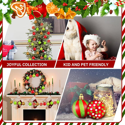 24 Pcs Christmas Ball Ornaments 1.97 Inches Glittering Plastic Hanging Decorations Lime Green Elf Balls Swirl Candy Cane Shatterproof Hanging Tree Ornaments for Xmas Holiday Party Decors