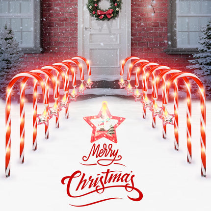 Candy Cane Lights with Red Star and Snowman, Outdoor Christmas Decoration Path Lights,8 Modes-Powered by USB Port (Non-Solar) for Holiday Party Garden Lawn Yard Decor, 12" Total Height, 12 Pack