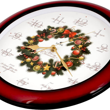 JUSTIME 14-inch 12 Song of Carols of Christmas Wreath Melody Wall Clock Christmas Musical Clock Chime Wall Clock in Wall Christmas Home Decor Wall Deco Round Wall Clock Red