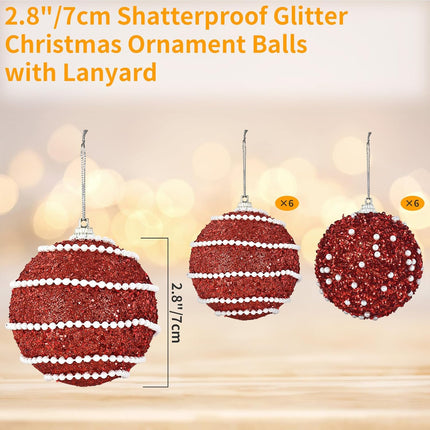 Christmas Balls Decoration - Glitter with Flower Textural Shatterproof Christmas Balls, 12 Pieces Plastic Hanging Balls for Christmas, Holiday, Parties, and Wreath (Red)