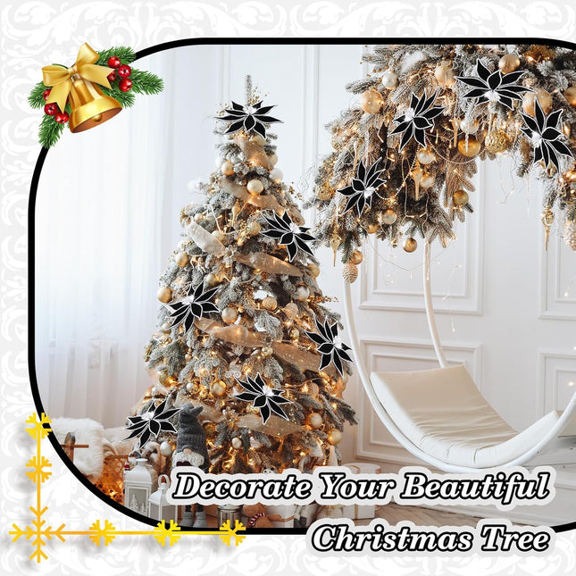 6 Pcs Large Christmas Flowers Black Poinsettia Flowers 13 Inch Artificial Christmas Tree Flowers with Stem Black Faux Flower Christmas Ornaments for Xmas Wreath Wedding Party Decoration