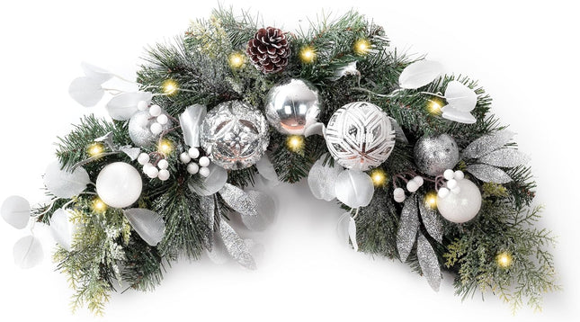 Valery Madelyn Pre-Lit Christmas Swag for Decorating Outdoor, 24 Inch Sliver White Mailbox Swag Decoration Teardrop with 20 LED Lights, Ball Ornaments for Front Door Stairway Window Shelf Xmas Decor