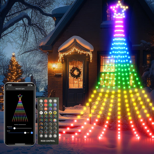 Lumary Smart Waterfall Christmas Tree Lights with Star, 344 LEDs Outdoor Christmas Decorations Lights Waterproof IP65, RGBAI Color Changing Xmas String Lights 11.8ft, Bluetooth APP/Remote Control
