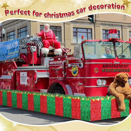 Crowye 10 Pcs Large Christmas Parade Float Decorations with Foil Fringe Garland Set Include 9.02 x 2.46 ft Red Green with Gold Table Skirts 6.56 x 0.3 ft Tinsel Garland for Christmas Party Car
