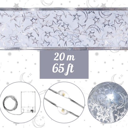 ilauke 65.5Ft Christmas Fairy Lights, Silver Christmas Ribbon Lights Ribbon Bows Fairy String Lights for Christmas Tree Decorations, Xmas Topper Outdoor Indoor Decor