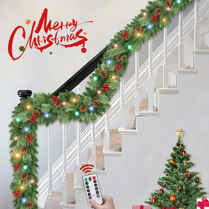 8 Modes & Remote Control - 9Ft Pre-Lit Christmas Garland, Christmas Decorations Artificial Garland with Timer 50 LEDs Pine Cones Berried Smokey Pine Bristle, Xmas Garland for Christmas Decor Indoor